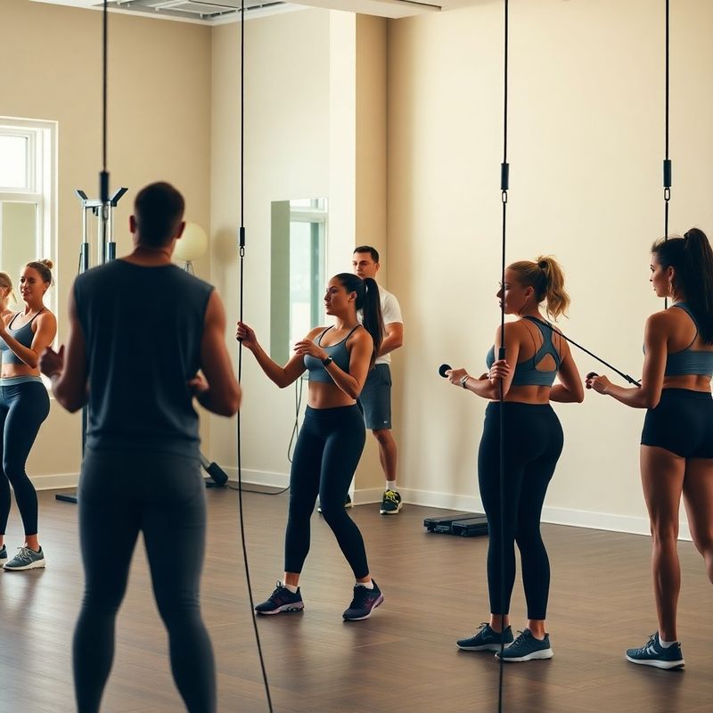Eight athletes working cable stations simultaneously in a Riverside Sinclair group class